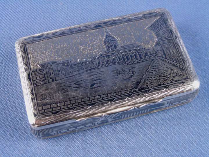19th century Russian rectangular silver gilt niello Cathedral view box